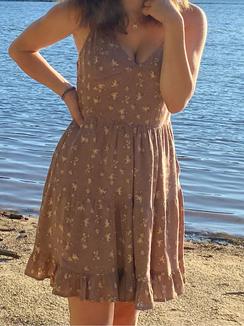 Garage Sleeveless Light Brown Floral V-Neck Picnic A-Line Sundress